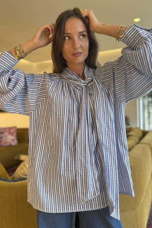 Nantucket Stripe Tie Neck Blouse Dark Denim